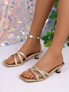 Gold Glitter Slip-On Women's Criss-Cross Strap Kitten Heel Sandals, Suitable For Dates/Parties - Gold - View 4