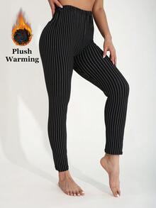 Women's Thermal Lined Black Leggings, European And American Fashion Casual Minimalist Line Pattern All-Over Print, Elegant Stretchy Skinny Pants For Home, Workout, Yoga, Gym, Running, Outdoor Walking, Party, Gift