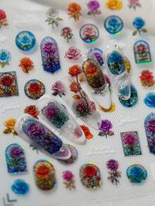 1 Stück Blumen Nail Art Aufkleber, geprägtes Muscheldesign mit Glanz, handbemalte Rosen, mit mehrfarbigen Rosen, Pfingstrosen und europäischen Architektur Fenstermustern, geeignet für persönliches DIY und Nagelstudios Nägel Nagelbedarf Nagelaufkleber - Verschiedenfarbig - Übersicht 5