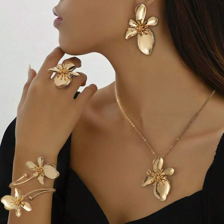 1 conjunto feminino estilo férias de verão colar com pingente de flor assimétrico dourado, 1 par de brincos, 1 anel, 1 pulseira - Ouro amarelo - Ver 1