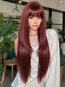 时尚粉色长直合成假发：外观自然，耐热，适合日常使用。编织假发，合成头发，时尚，耐热，适合日常使用 - 酒紅色 - 查看 1