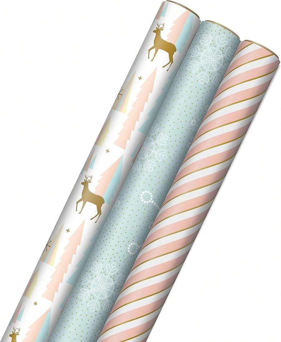 Papel de regalo de Navidad rosa con líneas de corte en el reverso (3 rollos: 120 pies cuadrados) rosa, menta, oro, reno, árboles de Navidad, copos de nieve - Felices fiestas - Ver 1