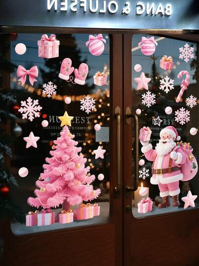 53张圣诞窗贴，圣诞老人图案窗贴，卧室客厅家居商场装饰贴，可移除贴纸，圣诞窗贴，雪人窗贴，圣诞窗贴，冬季节日装饰，圣诞节静态贴纸，粉色圣诞窗贴，圣诞老人房子和雪花图案，玻璃门窗装饰，圣诞