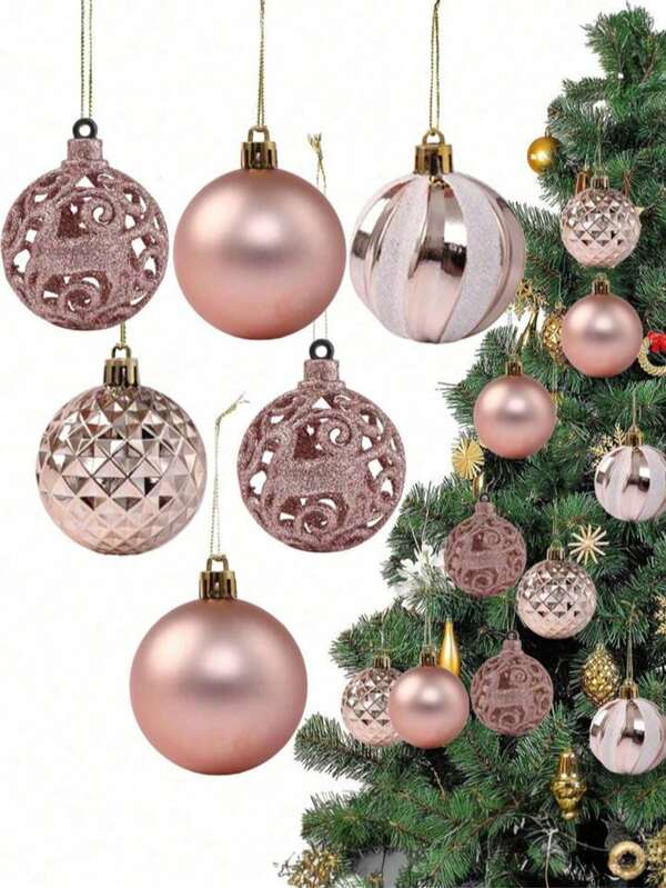 16pcs/Set-Christmas Tree Ball Ornament Set,Rose Gold Glittering Shatterproof Foam Christmas Ball Ornaments Xmas Tree Decor Holiday Decoration,Rose Gold Creative Painted Christmas Balls For Party, Christmas Tree, Wreaths, And Christmas Decorations, Luxury Rose Gold Hanging Ball Ornaments