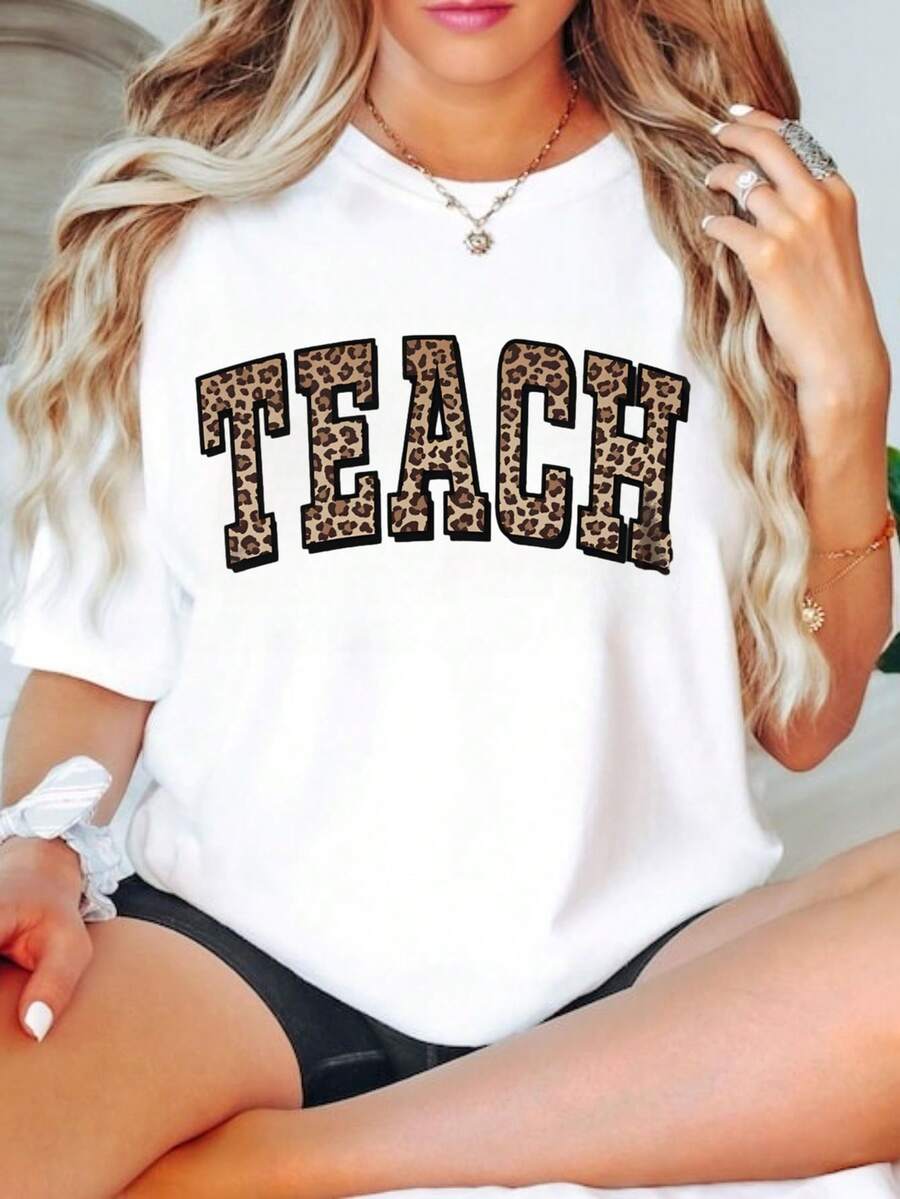 Teacher Shirt, Leopard Teach Tee, Animal Print Varsity Letters Teacher TShirts, Teacher Appreciation Gifts, Graduation Gift For Teacher - trắng - Xem 1