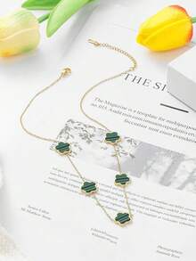 14K Gold Pendant Four Leaf Clover Necklace Women Lucky Flower Jewelry - 綠色條紋-14K鍍金 - 查看 3