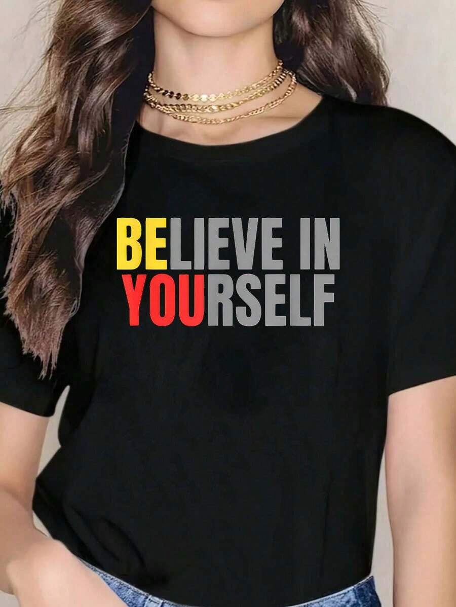 Camisetas de moda con mensaje positivo y motivación: cree en ti mismo. - Negro - Ver 1