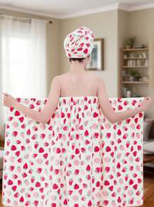 1pc Coral Fleece Strawberry Pattern Tube Top Bathrobe For Women, Soft Absorbent Bath Towel Robe With Hook And Loop Scarf, Towel Robe, Dry Robe, Non-Shedding Sleepwear Bathrobe For Adults & Students, Home Use