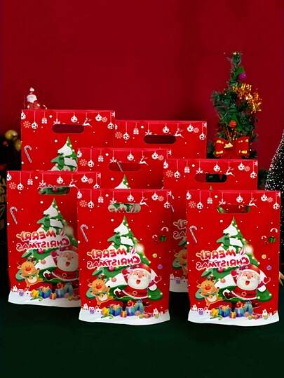 50 个圣诞派对礼品袋 - 卡通圣诞老人驯鹿雪花设计，耐用聚丙烯礼品袋，带手柄和标签，适用于节日婚礼生日派对装饰、礼品袋圣诞节、节日活动配件、充满活力的节日设计、方便携带的手柄