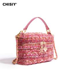 CHISIY Handmade Camouflage Military Green Drawstring Bucket Bag, Chain Shoulder Strap Crossbody Bag, Wild Girl Handbag, Zipper Closure Versatile Shoulder Bag, Suitable For Sexy Goddess, Can Be Used For Shopping, Parties, Gatherings, Campus, Gifts, Etc. - Rose Red - View 5