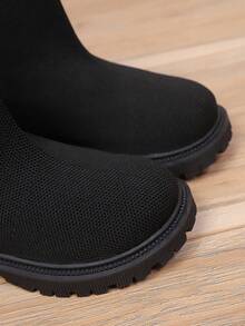 1 Pair Black Elastic Knit Toddler/Kids Leg Warmers, Round Toe Thick Sole Slip-On Design, Breathable Mid-Calf Boots, Suitable For 3-12 Years Old Girls, Casual Indoor/Outdoor Wear, Autumn/Winter New