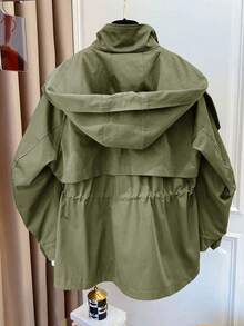 1pc Solid Color Woven Fabric Drawstring Pocket Front Button Trench Coat, Casual Spring/Autumn
