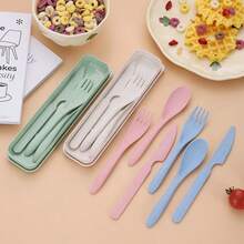 Wheat Straw Utensil Set, 3-Piece Fork Knife Spoon, Portable Travel Cutlery For Camping, Office,  Friendly Reusable - Multicolor - View 2