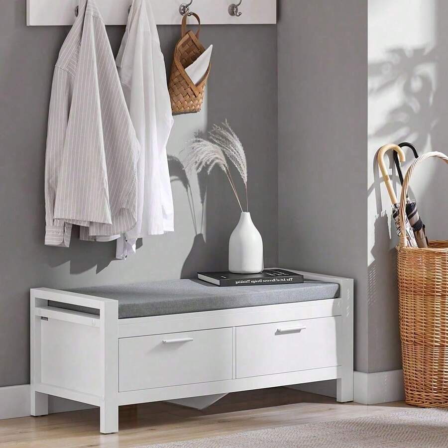 SoBuy FSR74-W, 2 Drawers Shoe Bench Shoe Rack Shoe Cabinet Hallway Storage Bench With Seat Cushion - 白色 - 查看 1