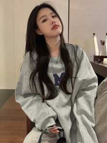 Women's Casual Letter Print Long Sleeve Sweatshirt, Spring/Autumn - Grey - View 2