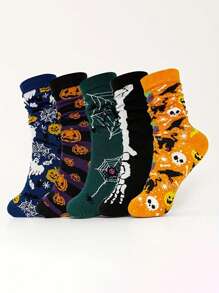 Halloween Socks For Big Men - 5 Pairs Or Single Pair, Pumpkin & Skeleton Cartoon Design, Mid-Calf, Fall/Winter, Available In US Sizes