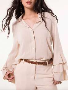 Blusa ligera con cuello de solapa y mangas con volantes, elegante estilo de Europa y Estados Unidos para mujeres