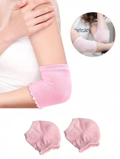可重复使用的凝胶保湿足部手套 - 不含酒精的保湿护肘，柔软的粉色半袜，适合脚跟和肘部，便携式日常旅行护理，增强弹性，褶边设计，柔韧材质
