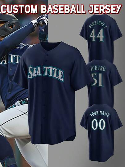 Customized Name & Number Men's Embroidered Baseball Jacket, Seattle Blue V-Neck, Personalized Short Sleeve Button-Down Shirt, Suitable For Party, Match, Training And Sports, Size S-XXL