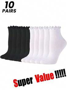 10 pares de meias femininas casuais de cano médio, pretas e brancas, com estampa de fungo, cor sólida, elegantes, versáteis e confortáveis, adequadas para uso diário durante todo o ano