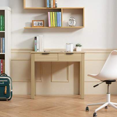 Small Desk With Drawers, Kids Desk For Bedroom, Modern Simple Study Table For Drawing, Reading, Writing, Rectangle MDF Furniture Study Storage Table For Home, Office, Light Wood