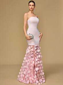 Damen schulterfreies einfarbiges, körperbetontes, mit Mesh-Saum verziertes Ballkleid, geeignet für Bankette, Cocktailpartys und andere Anlässe - Pink - Übersicht 6