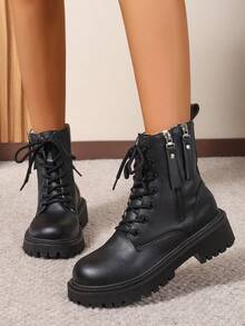 2025新款秋冬'女鞋'厚底大码学生鞋'时尚百搭休闲'女鞋'侧拉链'学生鞋'青少年中学生鞋'学生靴'休闲踝靴