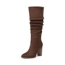 Botas altas para mujer de puntera puntiaguda, tacón grueso y bloque, de ante, con cremallera lateral, cómodas y de moda, estilo holgado, para otoño/invierno - Marrón Chocolate - Ver 5