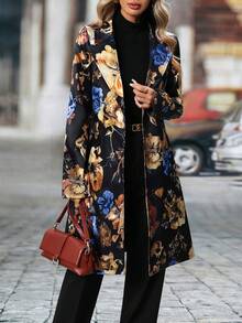 Long-Sleeved Floral Pattern Single-Breasted Suit Jacket - 藍色 - 查看 3