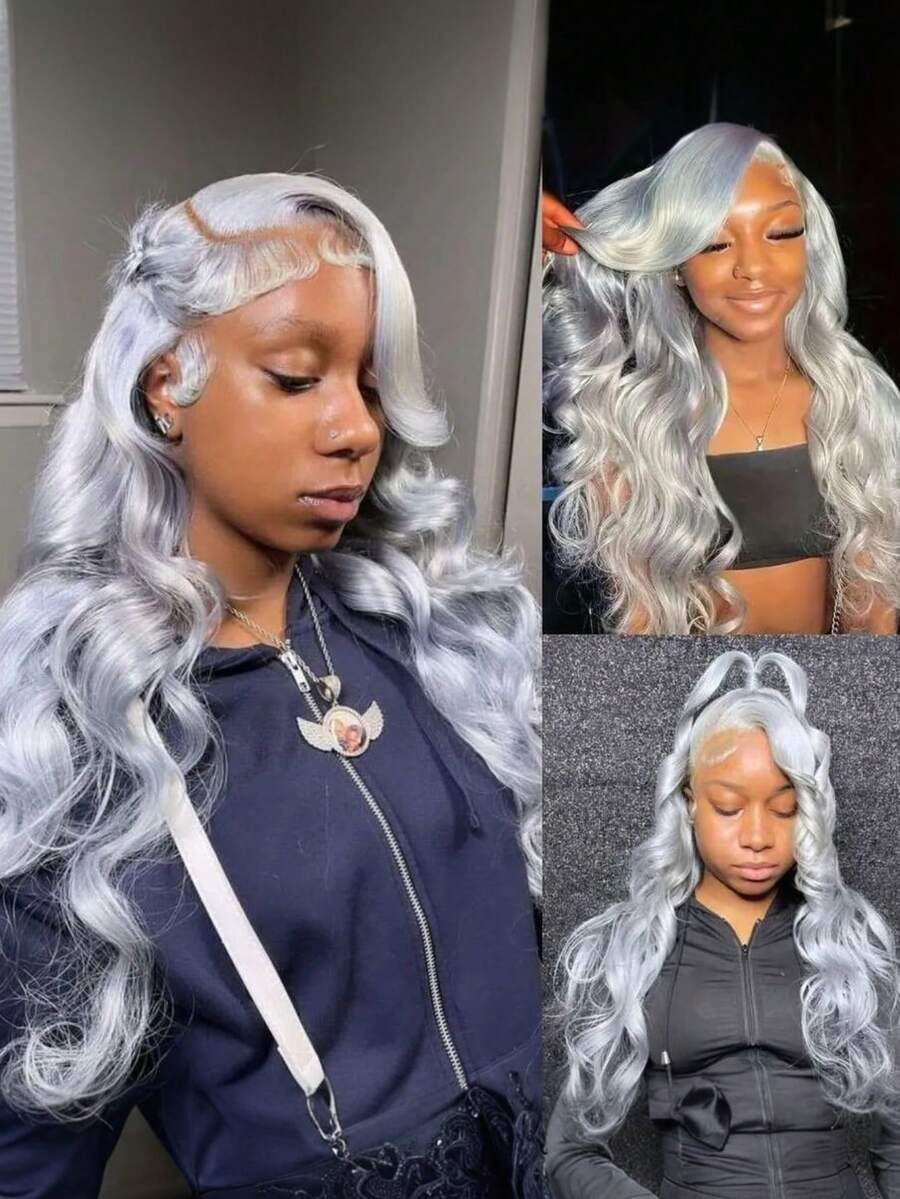 13x4 Grey Lace Front Wigs Human Hair Glueless Wig Pre Plucked With Baby Hair 180 Density Body Wave Lace Front Wigs Human Hair Can Be Permed & Dyed HD Transparent Water Wave Human Hair Wig For Women 34 Inch True To Length - 灰色 - 查看 1