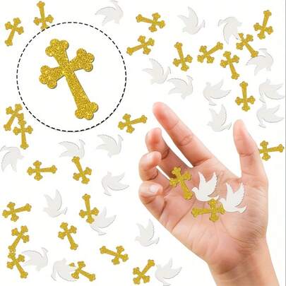 120pcs Gold Glitter Cross, Paper Confetti - Premium Religious Party Decorations, Suitable For Baptism, First Communion, Wedding, Birthday - Gold & White Christian Celebration Supplies, Detailed Design, Themed Decor, High-Quality Paper, Event Planning