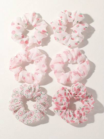 6pcs Sweet & Cute Pink Floral Scrunchies, Fresh Pastoral Style Hair Accessories Suitable For Daily Life, Outdoor Activities, And Decorative Matching For Girls