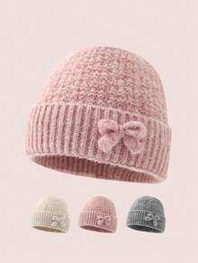 1pc Kids Knitted Hat With Bow, Thermal Lined Thick Warm Ear Ion Hat For Girls, Suitable For Autumn/Winter Outdoor & Daily Wear - Multicolor - View 1