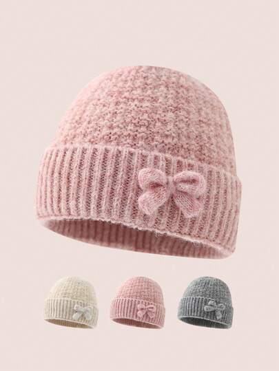 1顶儿童针织帽，带蝴蝶结，加厚加绒保暖帽，适合女孩，秋冬季户外及日常穿着