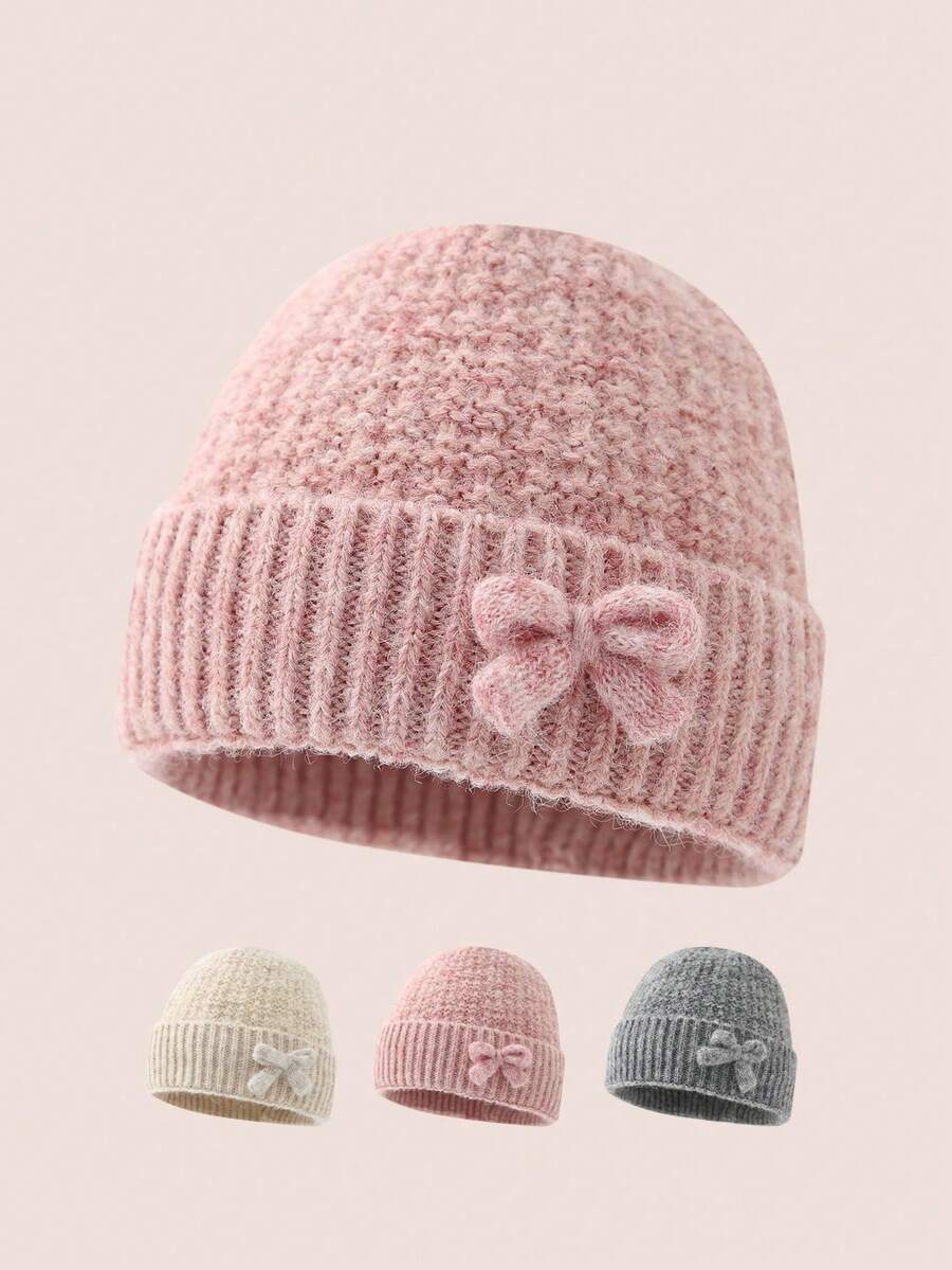 1pc Kids Knitted Hat With Bow, Thermal Lined Thick Warm Ear Ion Hat For Girls, Suitable For Autumn/Winter Outdoor & Daily Wear - Multicolor - View 1