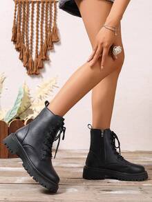 2025新款秋冬'女鞋'厚底大码学生鞋'时尚百搭休闲'女鞋'侧拉链'学生鞋'青少年中学生鞋'学生靴'休闲踝靴 - 黑色 - 查看 4