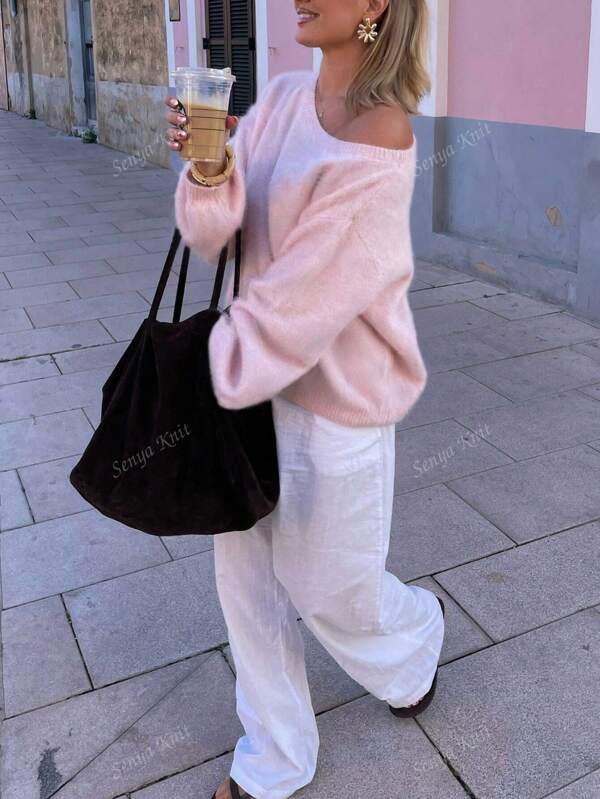 Senya Damen neue lässige einfarbige lässige Schulter Langarm Pullover, Romantisch Pink, extra weite gestrickte Obertteile
