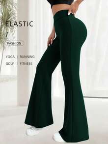 Casual Pants, Leggings, High Waist Sports Pants, Summer Wide Leg Yoga Running Training Flared Pants, Elastic Waistband, Stretchy Work Pants, Skinny Pants - Dark Green - View 5