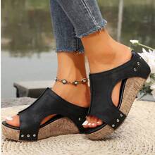 Vintage - Style Thick - Soled Wedge Women's Slide Sandals, Featuring Rivet Decorations, Simple And Versatile, Perfect For Vacations, Leisure Time, Daily Shopping Trips And Outings. - 黑色 - 查看 1