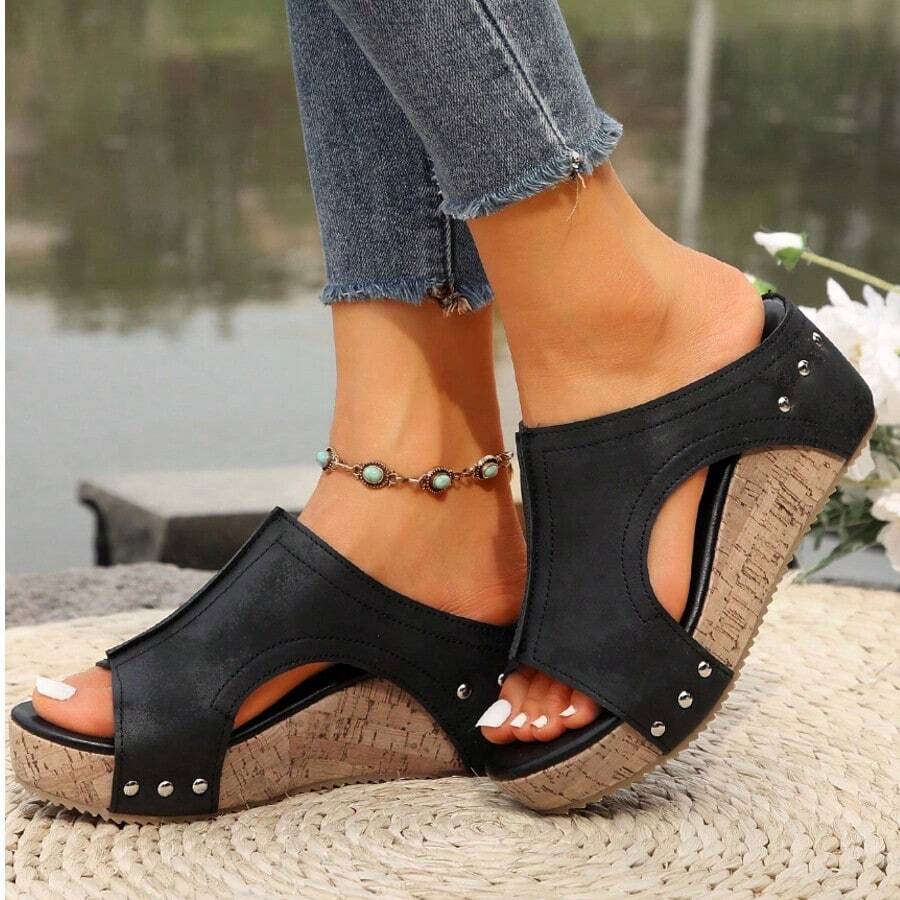 Vintage - Style Thick - Soled Wedge Women's Slide Sandals, Featuring Rivet Decorations, Simple And Versatile, Perfect For Vacations, Leisure Time, Daily Shopping Trips And Outings. - 黑色 - 查看 1