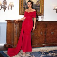 Europäisches und amerikanisches elegantes rotes Satin Off-Shoulder Socialite Kurzarm langes hochwertiges trägerloses Abendkleid