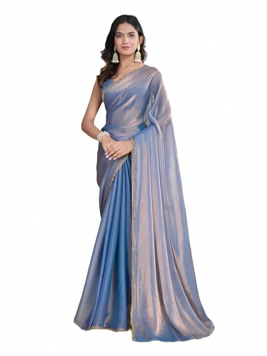 Estationeryhouse Designer Shiny Two Tone Soft Tissue Silk Saree With Antique Embroidered Border, Blouse Piece Included( Blue) - 藍色 - 查看 1