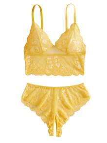 Women Sexy Butterfly Lace Lingerie Set Lace See-Through Top With Open-Crotch Underwear Adult Lingerie 2Pcs Set - Yellow - View 7