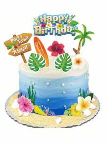 10 piezas Decoraciones de pastel con temática de verano y playa, insertos de papel, flores hawaianas y árboles de coco, decoraciones de pastel con temática de verano y playa, decoraciones de pastel con temática de dibujos animados, decoraciones de fiesta, decoraciones de pastel de cumpleaños - Multicolor - Ver 1