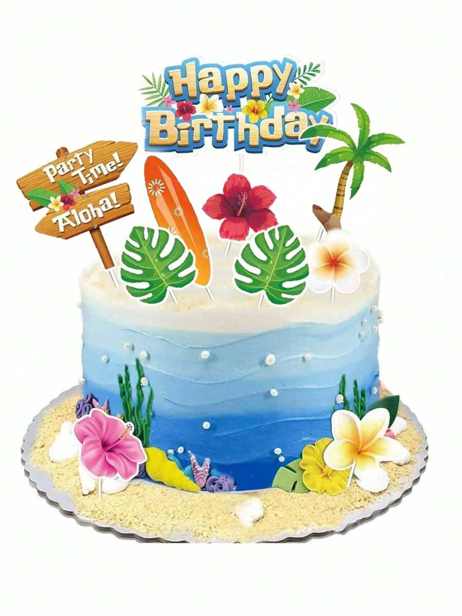 10 piezas Decoraciones de pastel con temática de verano y playa, insertos de papel, flores hawaianas y árboles de coco, decoraciones de pastel con temática de verano y playa, decoraciones de pastel con temática de dibujos animados, decoraciones de fiesta, decoraciones de pastel de cumpleaños - Multicolor - Ver 1