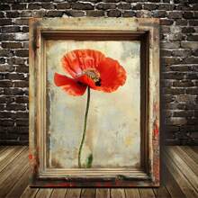 1pc Framed Canvas Wall Art - Vintage Red Poppy Flower Painting, Rustic Pine Wood Frame, Natural Texture Enhancement, Perfect For Living Room, Bedroom, Office, Or Kitchen Decor, Framed Canvas Wall Art Ready To Hang