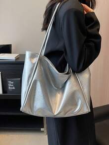 时尚纯色褶皱纹理设计女士手提包，休闲百搭夏季新款单肩包，校园风学生单肩包，适合大学生日常通勤和购物，轻便大容量学生手提包 - 銀色 - 查看 5