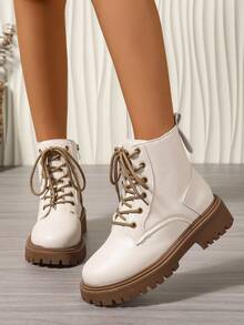 2025新款秋冬'女鞋'厚底大码学生鞋'时尚百搭休闲'女鞋'侧拉链'学生鞋'青少年中学生鞋'学生靴'休闲踝靴 - 白色 - 查看 6