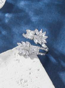 1pc Elegant White Gold Plated Copper Ring With Zirconia Stone, Adjustable, Charming Jewelry Gift For Women, Suitable For Casual, Party, Date Wear