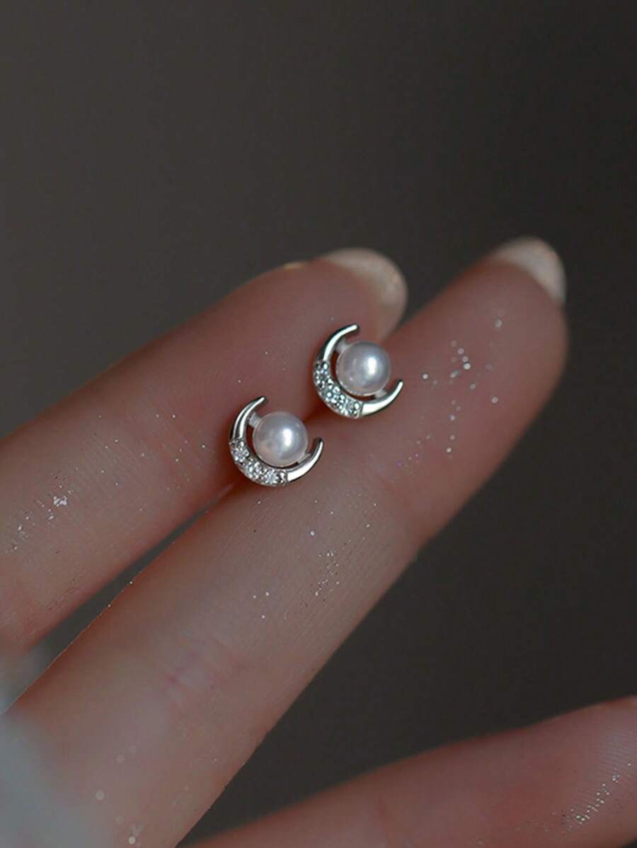 1pair Elegant & Delicate Faux Pearl Crescent Moon Stud Earrings - Antique Silver - View 1